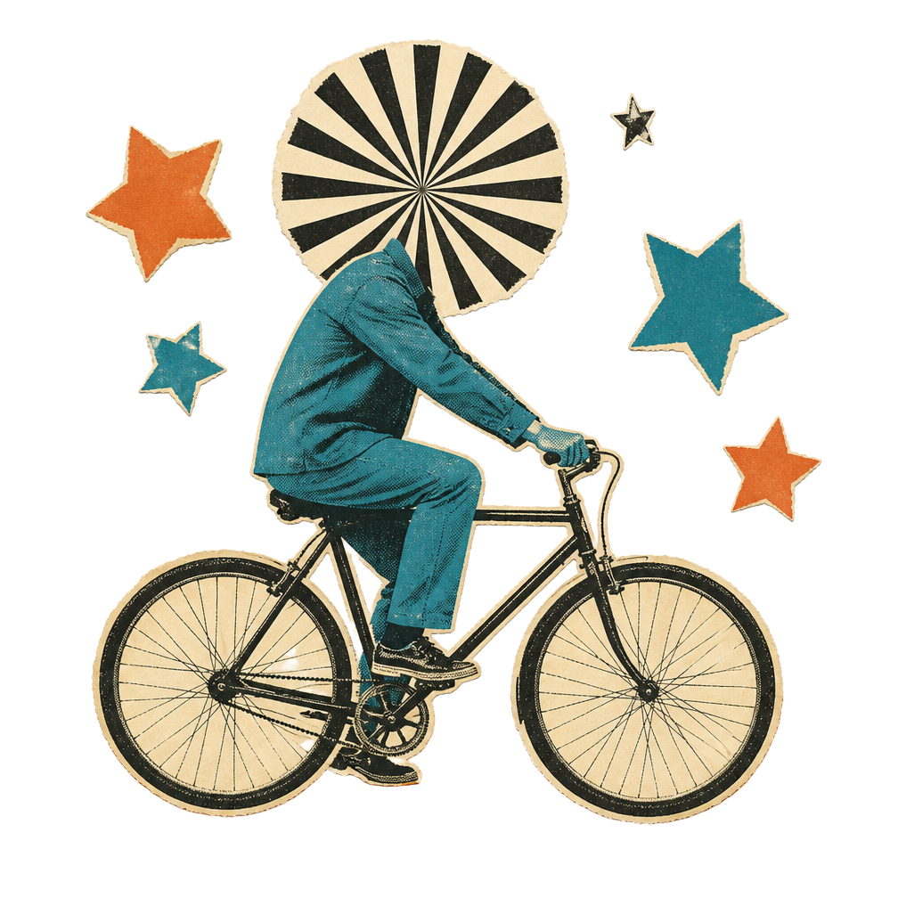 Illustrated person cycling a bicycle with the world as its front wheel